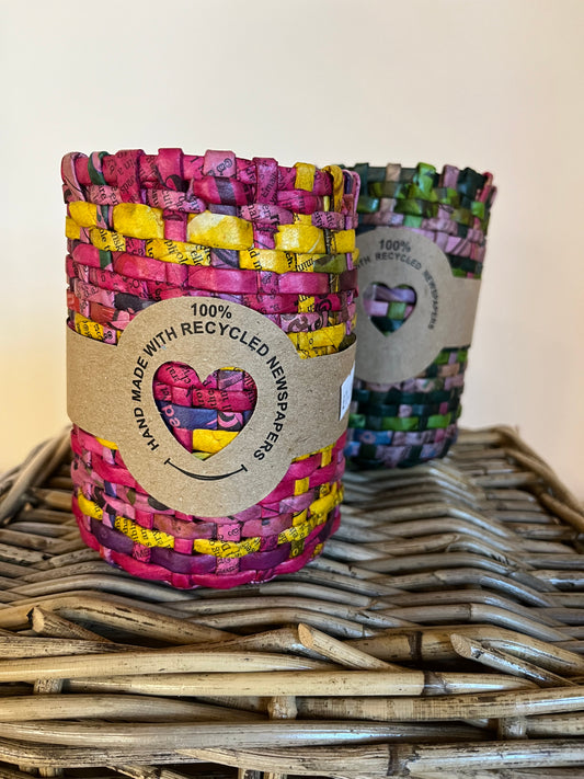 Handmade recycled newspaper stationary pot - Pink and Yellow