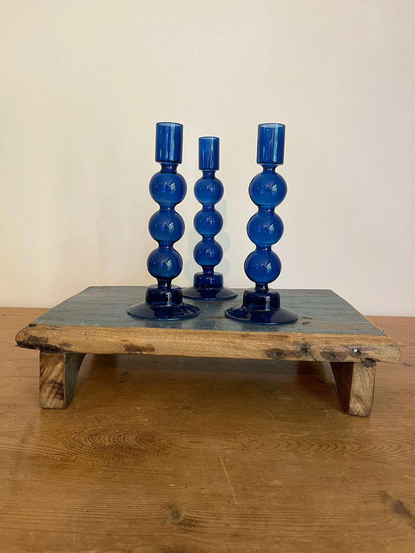 Retro Style Glass Bubble Candle Holder - Blue