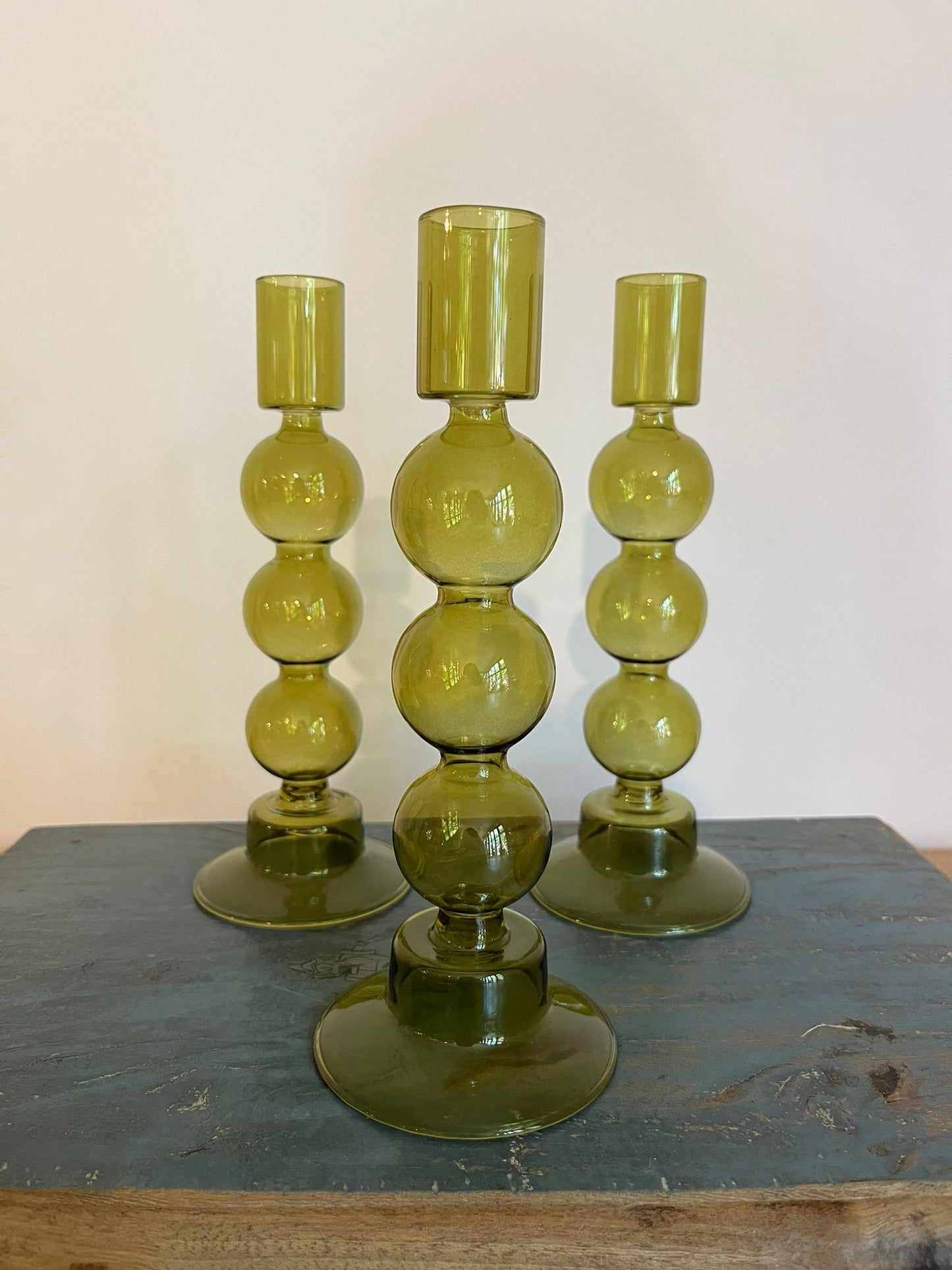 Retro Style Glass Bubble Candle Holder - Green