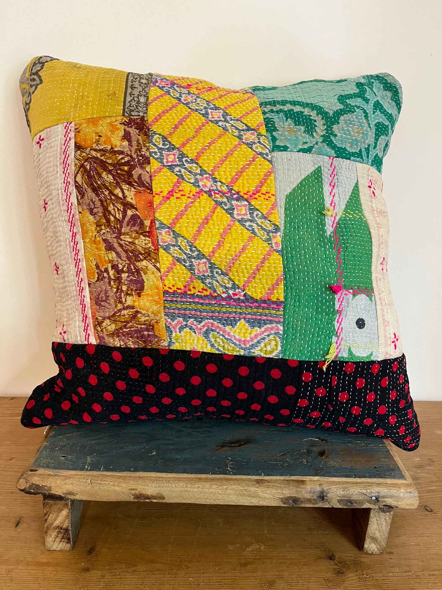 Vintage Kantha Patchwork Fabric Cushion 18x18” - K5