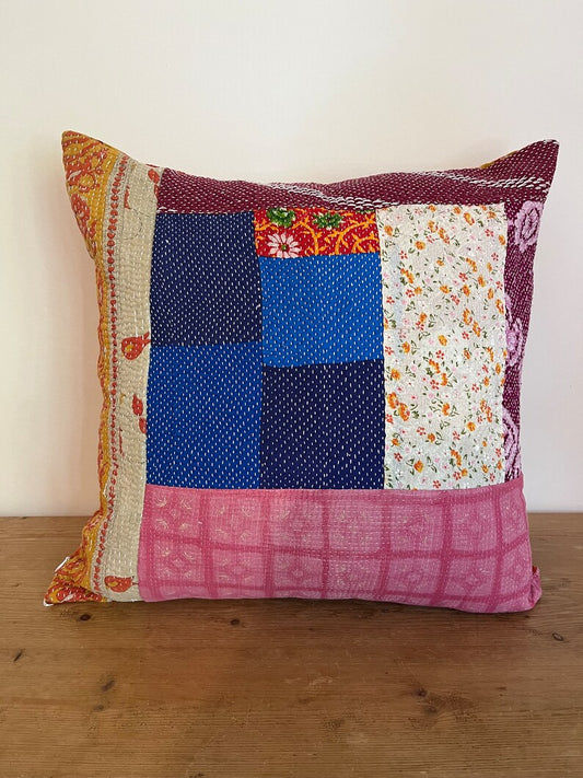 Vintage Kantha Patchwork Fabric Cushion 18x18” - K2