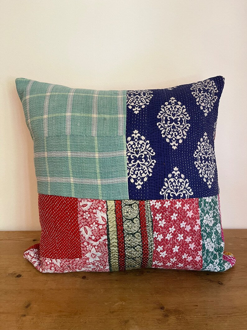 Vintage Kantha Patchwork Fabric Cushion 18x18” - K3