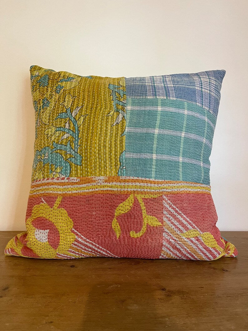 Vintage Kantha Patchwork Fabric Cushion 18x18” - K4