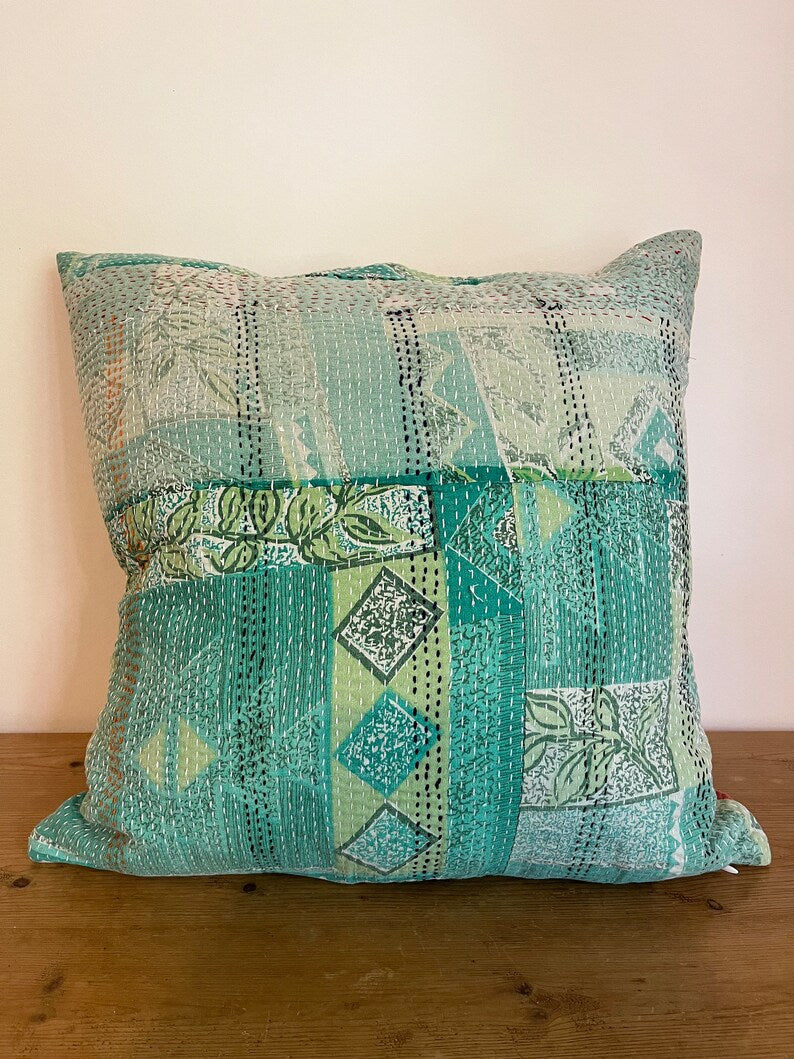 Vintage Kantha Patchwork Fabric Cushion 18x18” - K4