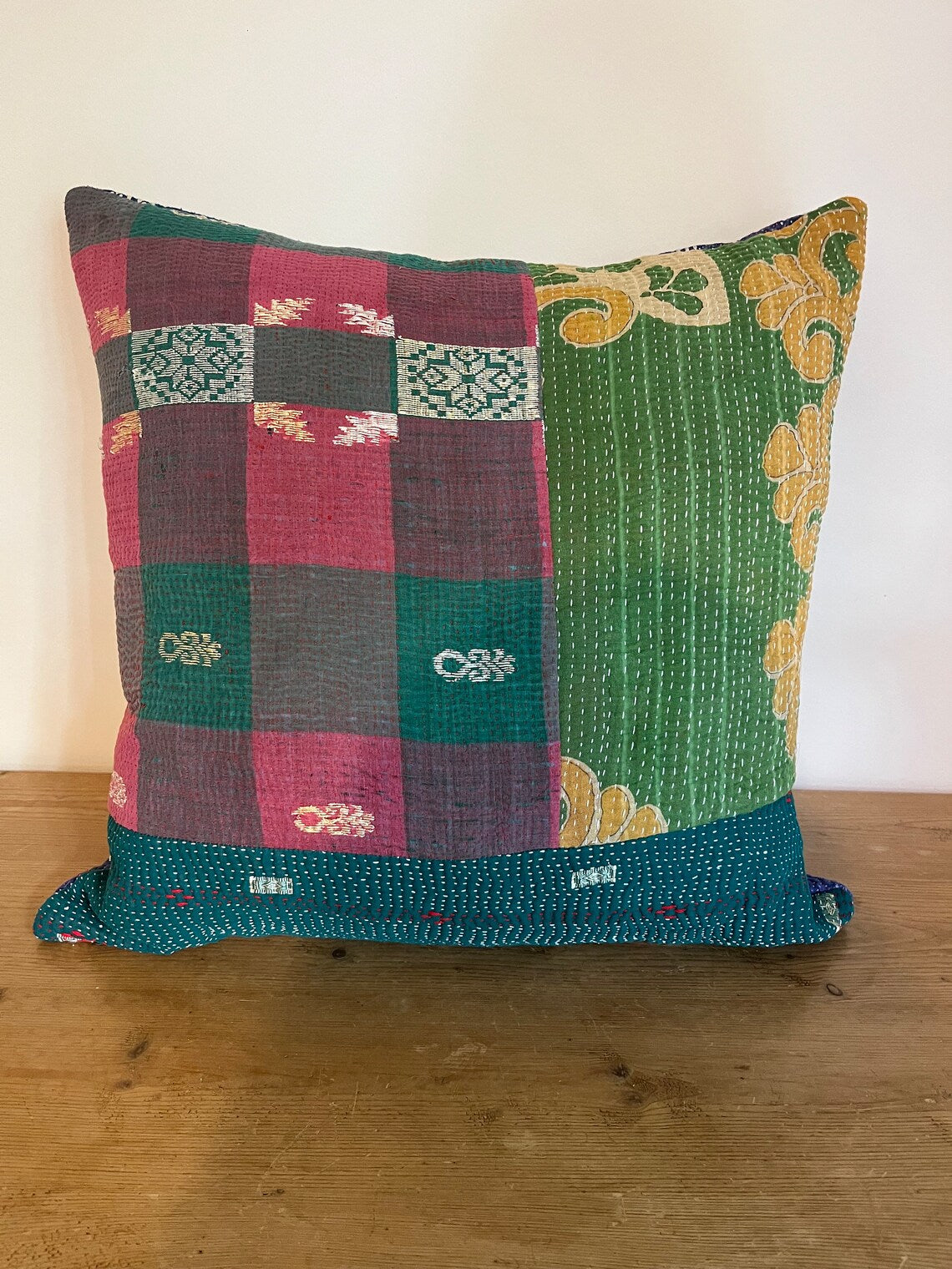 Vintage Kantha Patchwork Fabric Cushion 18x18” - K6