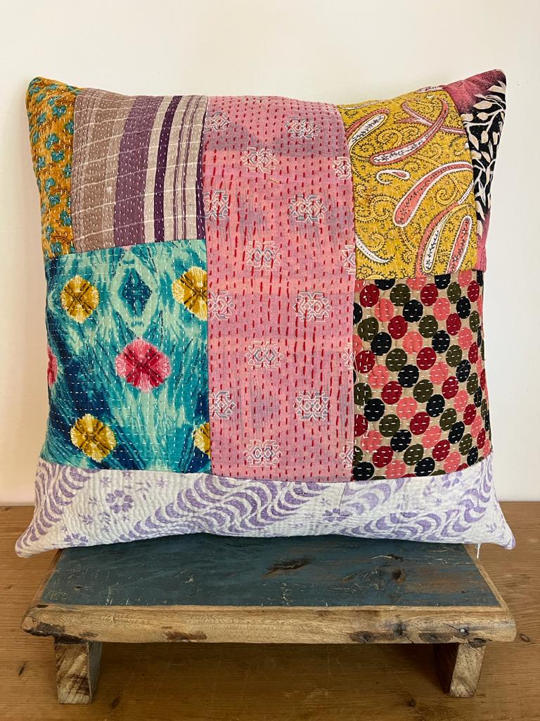 Vintage Kantha Patchwork Fabric Cushion 18x18” - K7