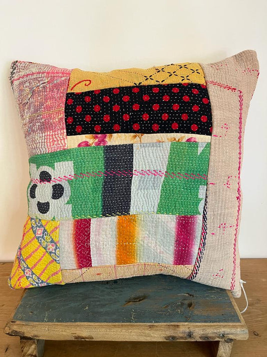 Vintage Kantha Patchwork Fabric Cushion 18x18” - K8