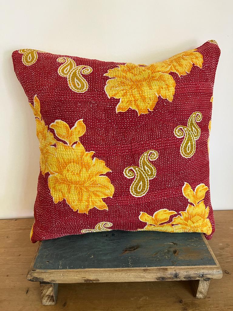 Vintage Kantha Patchwork Fabric Cushion 18x18” - K8