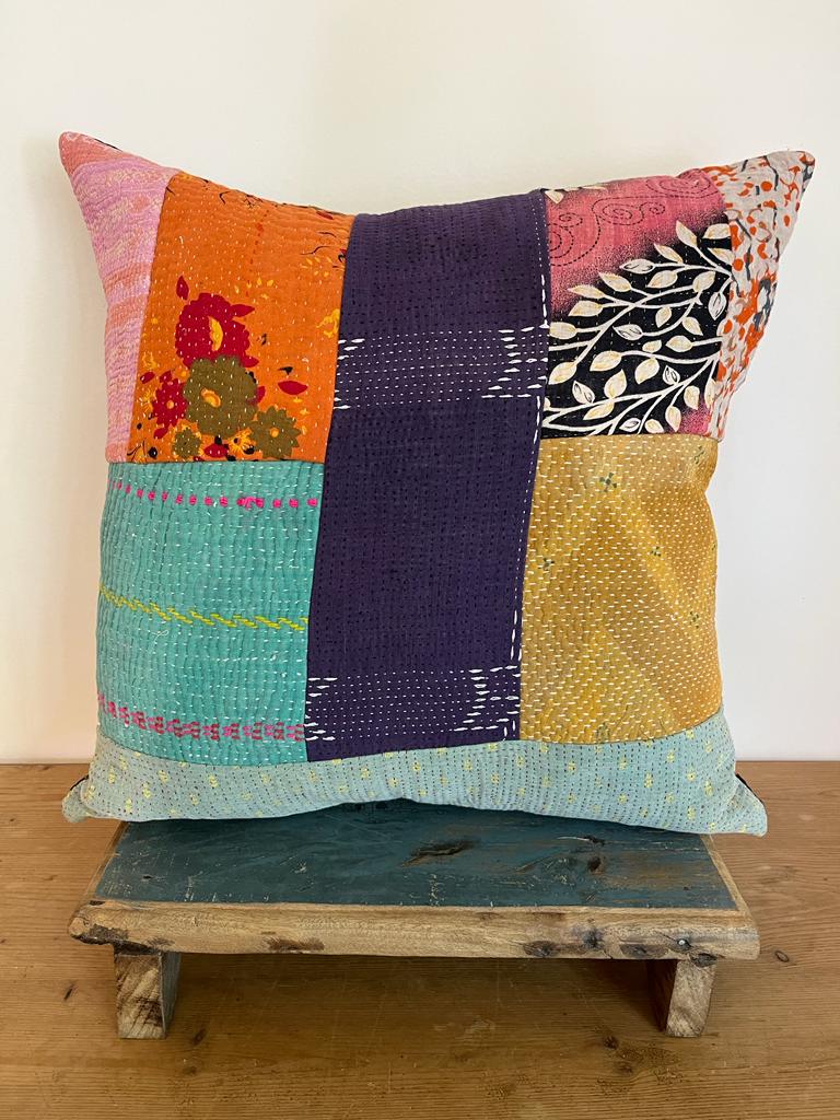 Vintage Kantha Patchwork Fabric Cushion 18x18” - K9